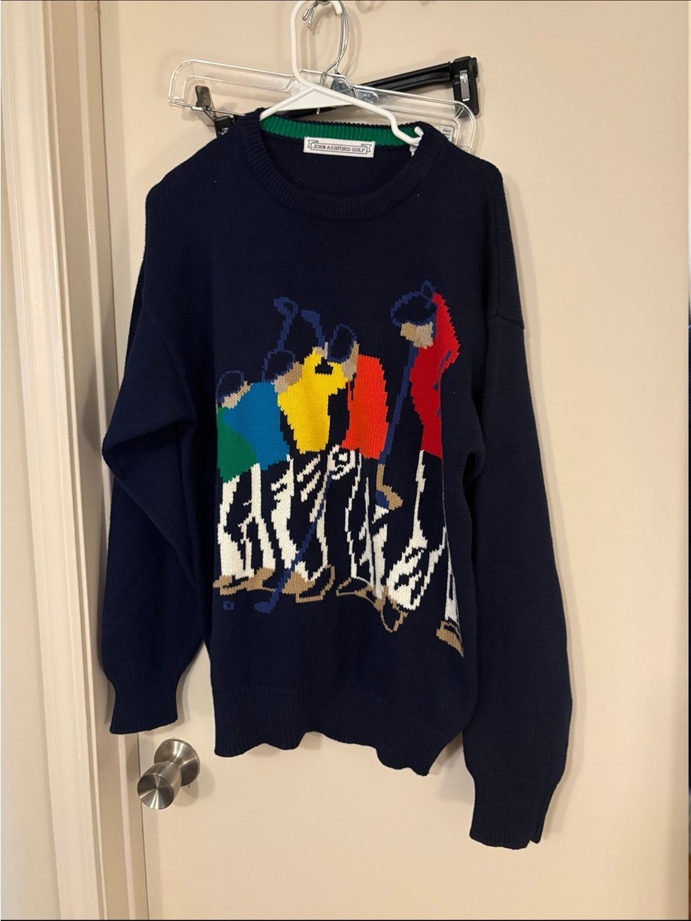 John Ashford Navy Crewneck Sweater with Multicolor Golfer Intarsia
